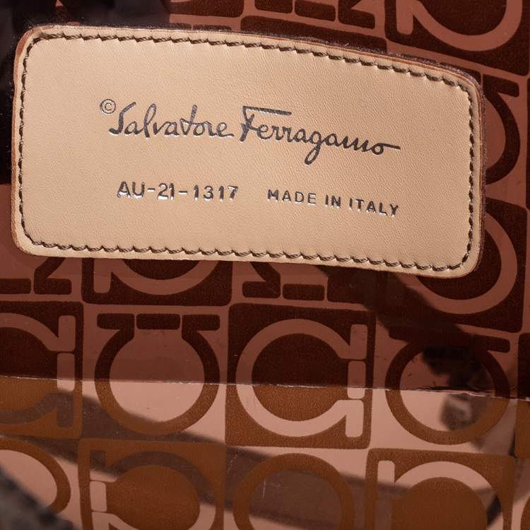 Pre Owned Salvatore Ferragamo Beige/Brown Logo Print PVC Tote