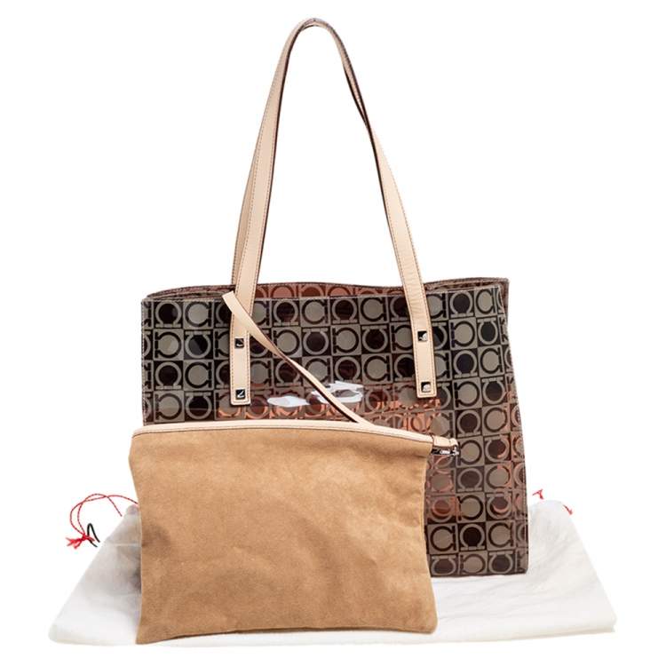 Pre Owned Salvatore Ferragamo Beige/Brown Logo Print PVC Tote
