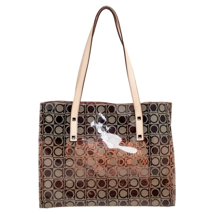 Pre Owned Salvatore Ferragamo Beige/Brown Logo Print PVC Tote