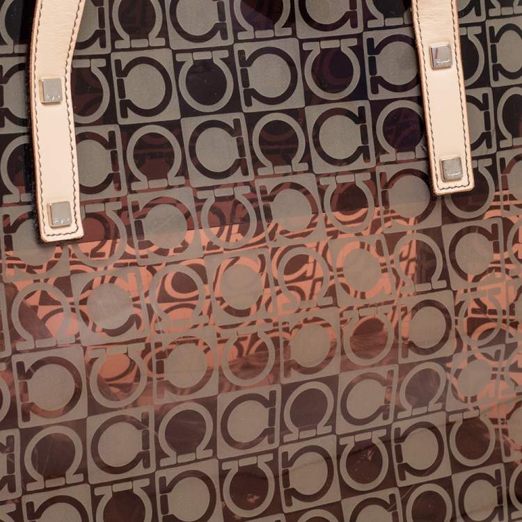 Pre Owned Salvatore Ferragamo Beige/Brown Logo Print PVC Tote