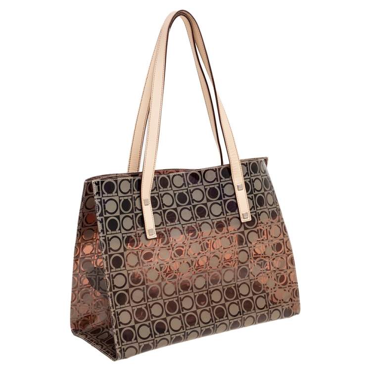 Pre Owned Salvatore Ferragamo Beige/Brown Logo Print PVC Tote