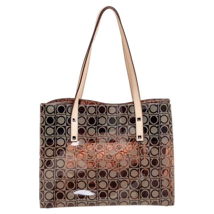 Pre Owned Salvatore Ferragamo Beige/Brown Logo Print PVC Tote