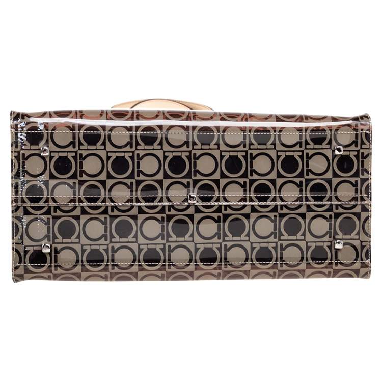 Pre Owned Salvatore Ferragamo Beige/Brown Logo Print PVC Tote