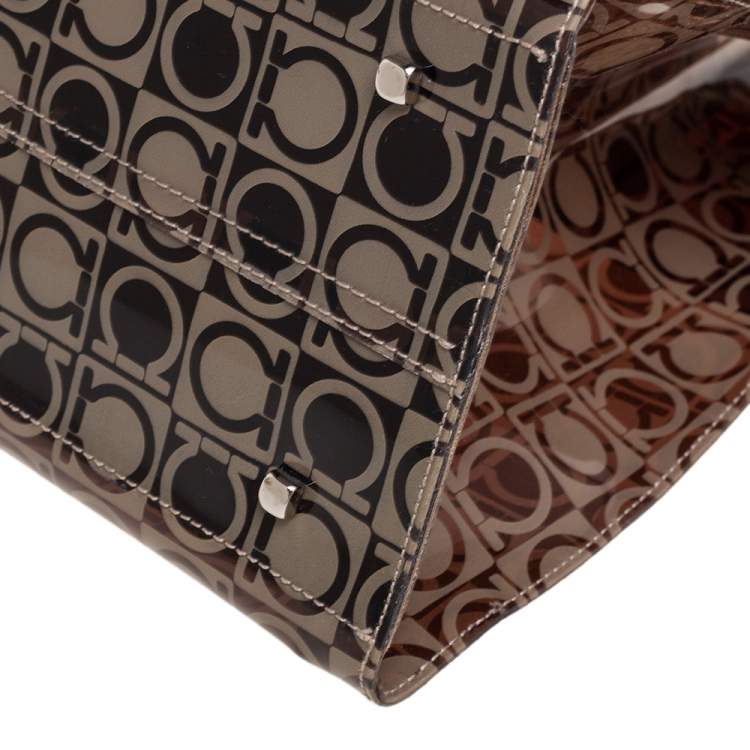 Pre Owned Salvatore Ferragamo Beige/Brown Logo Print PVC Tote