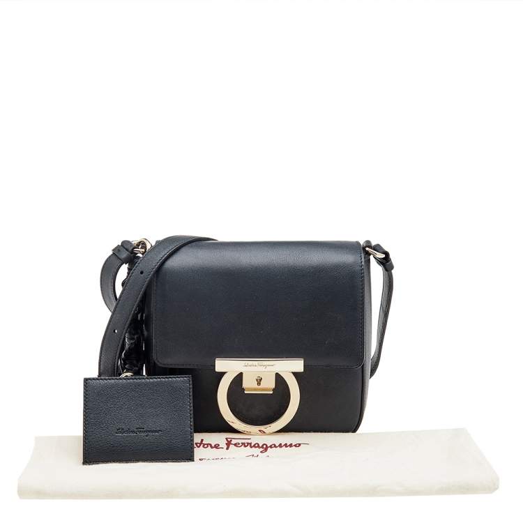 Pre Owned Salvatore Ferragamo Navy Blue Leather Gancio Shoulder Bag
