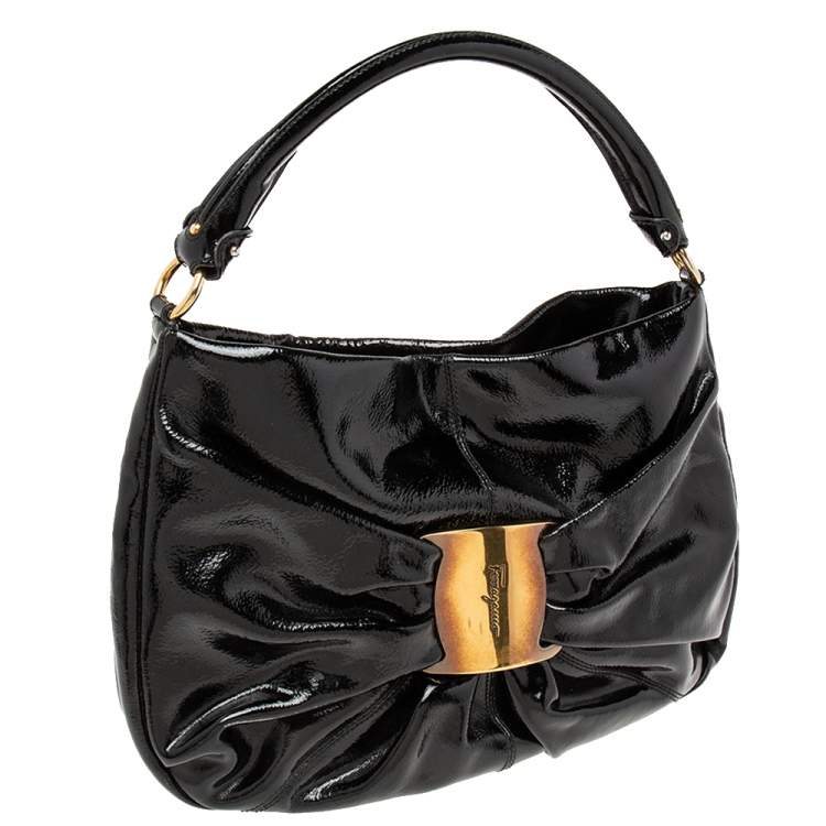 Pre Owned Salvatore Ferragamo Black Patent Leather Hobo