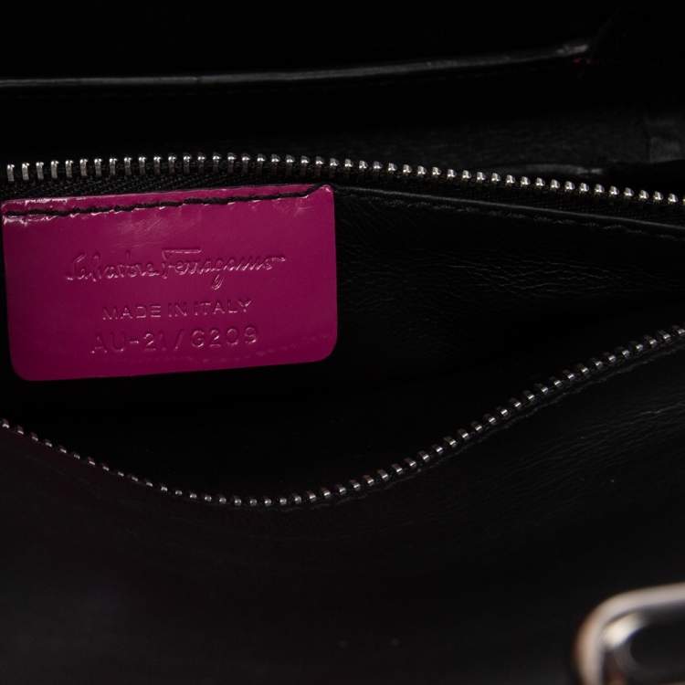 Pre Owned Salvatore Ferragamo Fuchsia Patent Leather Vara Bow Chain Shoulder Bag