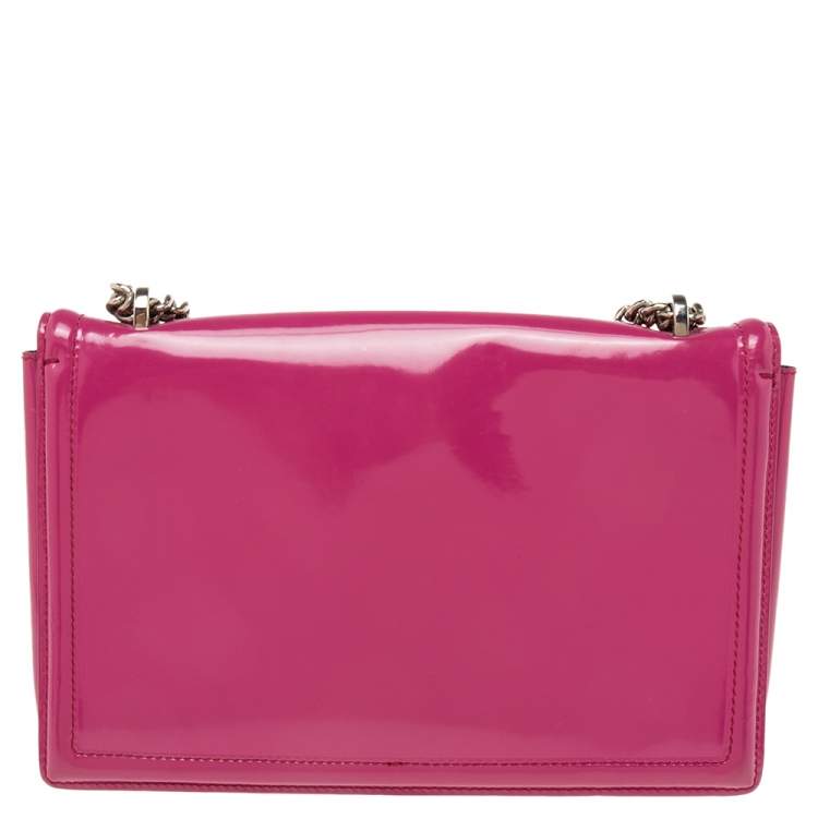 Pre Owned Salvatore Ferragamo Fuchsia Patent Leather Vara Bow Chain Shoulder Bag