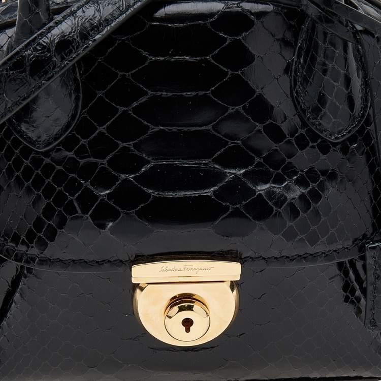 Pre Owned Salvatore Ferragamo Black Python Small Fiamma Satchel