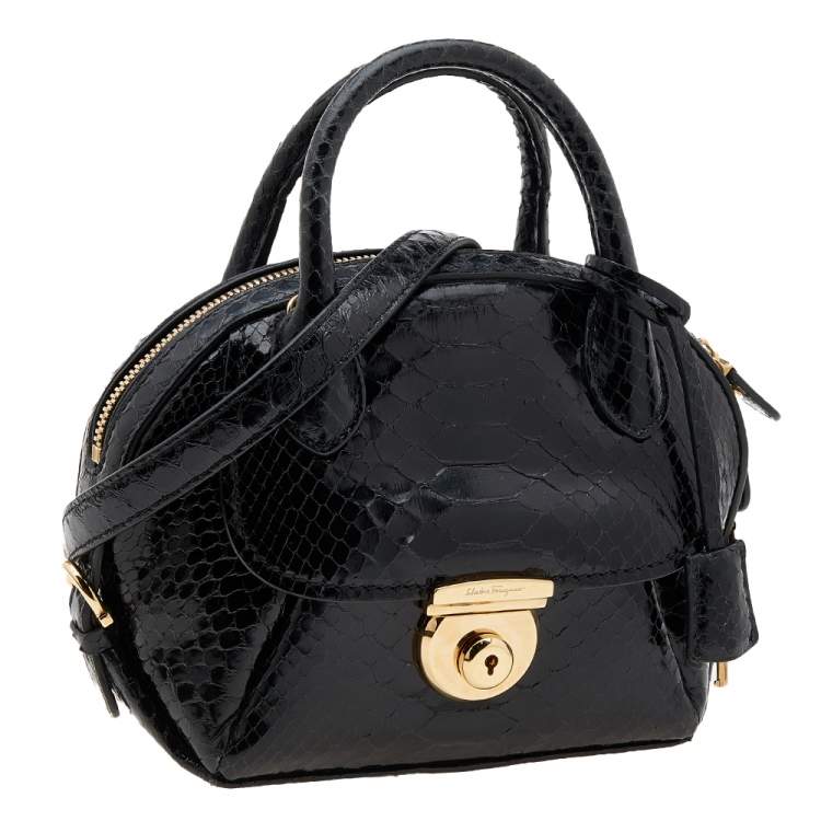 Pre Owned Salvatore Ferragamo Black Python Small Fiamma Satchel