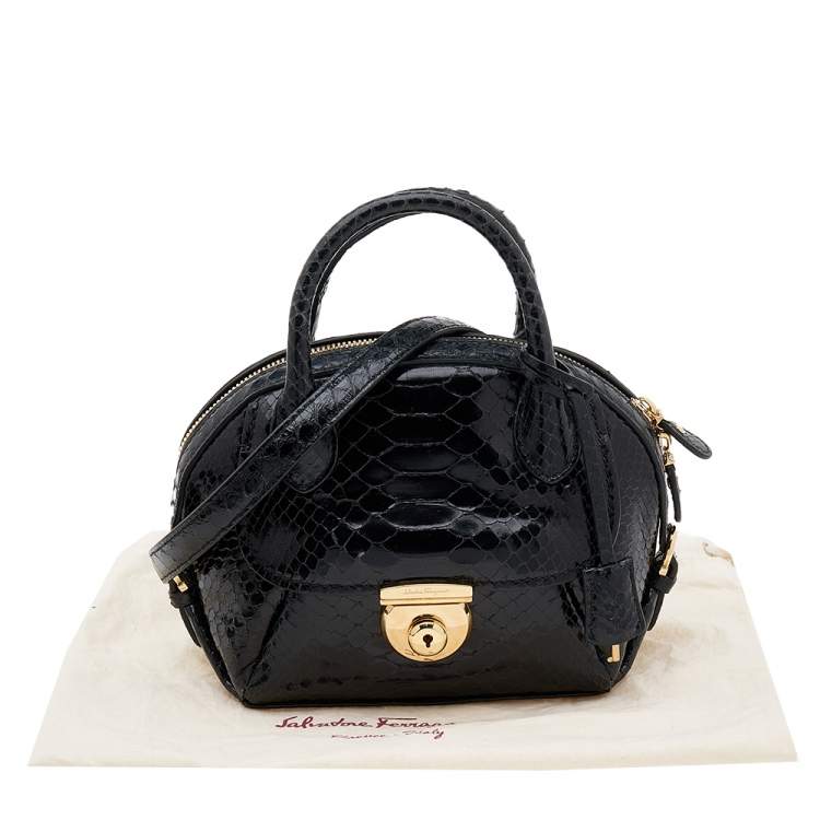 Pre Owned Salvatore Ferragamo Black Python Small Fiamma Satchel