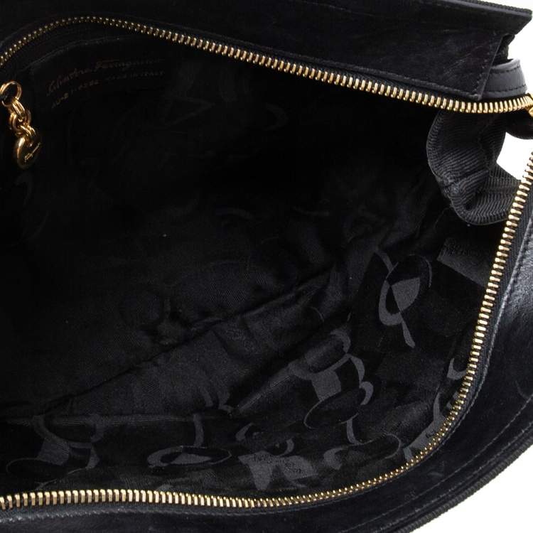Pre Owned Salvatore Ferragamo Black Ruffle Canvas and Leather Chain Shoulder Bag