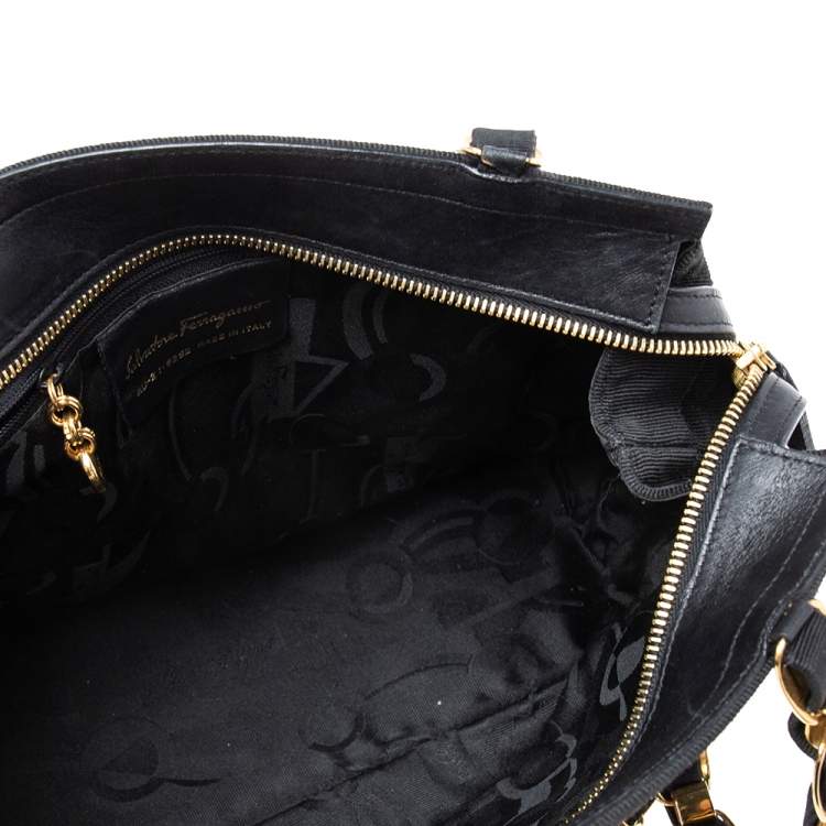 Pre Owned Salvatore Ferragamo Black Ruffle Canvas and Leather Chain Shoulder Bag