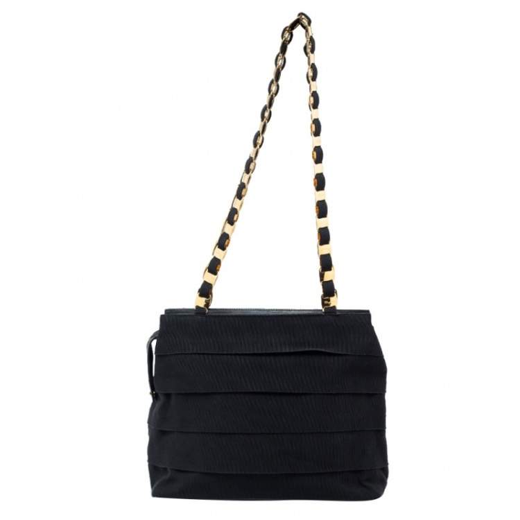 Pre Owned Salvatore Ferragamo Black Ruffle Canvas and Leather Chain Shoulder Bag