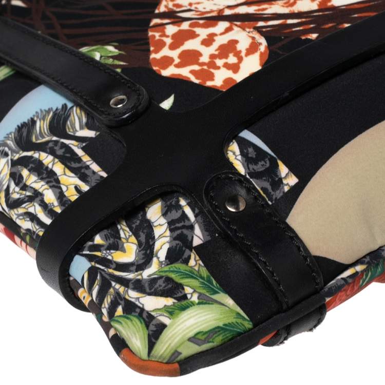 Pre Owned Salvatore Ferragamo Multicolor Nylon And Leather Jungle Safari Print Shoulder Bag