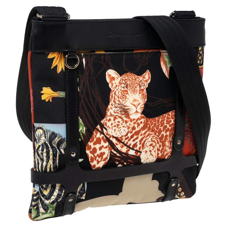 Pre Owned Salvatore Ferragamo Multicolor Nylon And Leather Jungle Safari Print Shoulder Bag