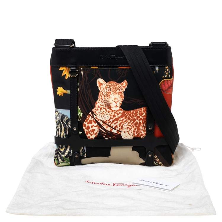 Pre Owned Salvatore Ferragamo Multicolor Nylon And Leather Jungle Safari Print Shoulder Bag