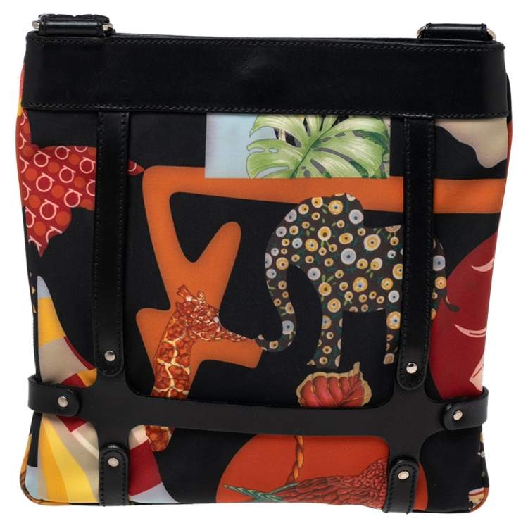 Pre Owned Salvatore Ferragamo Multicolor Nylon And Leather Jungle Safari Print Shoulder Bag