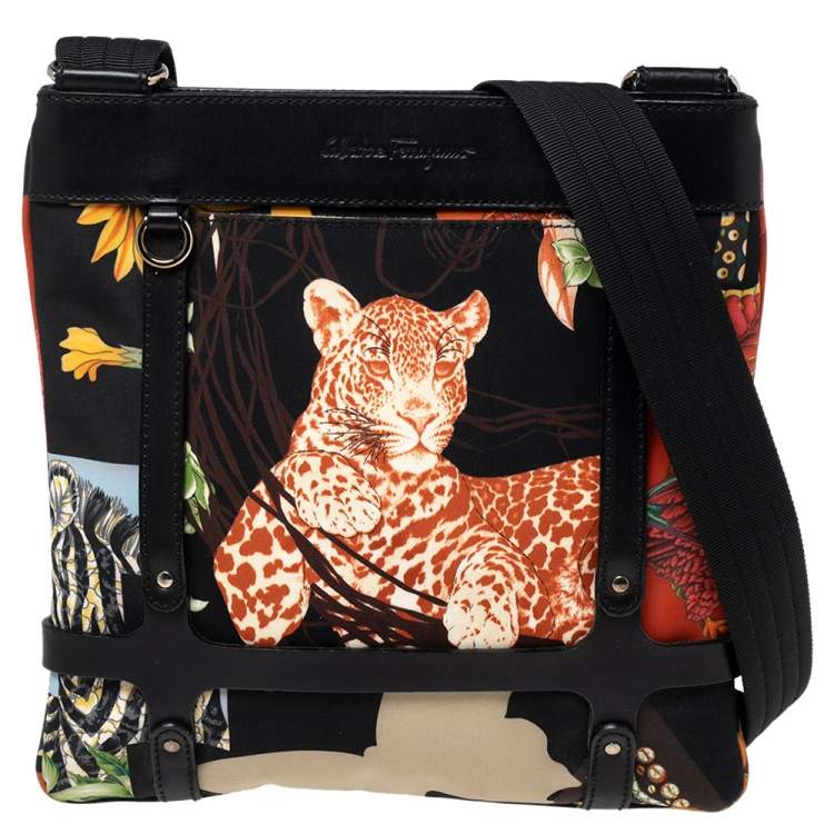 Pre Owned Salvatore Ferragamo Multicolor Nylon And Leather Jungle Safari Print Shoulder Bag