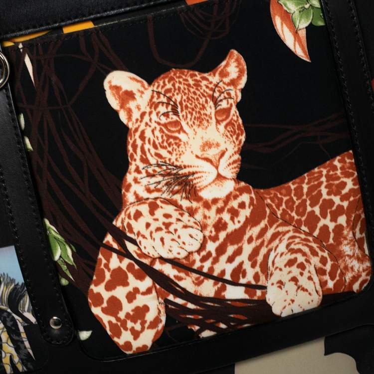 Pre Owned Salvatore Ferragamo Multicolor Nylon And Leather Jungle Safari Print Shoulder Bag