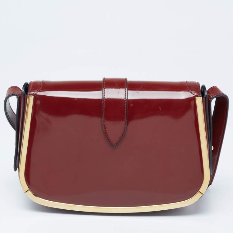 Pre Owned Salvatore Ferragamo Burgundy Patent Leather Gancini Flap Shoulder Bag 