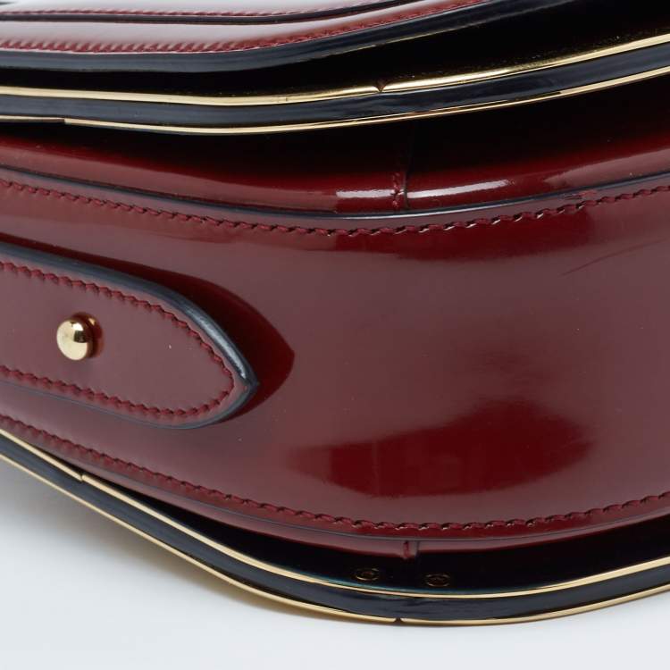 Pre Owned Salvatore Ferragamo Burgundy Patent Leather Gancini Flap Shoulder Bag 