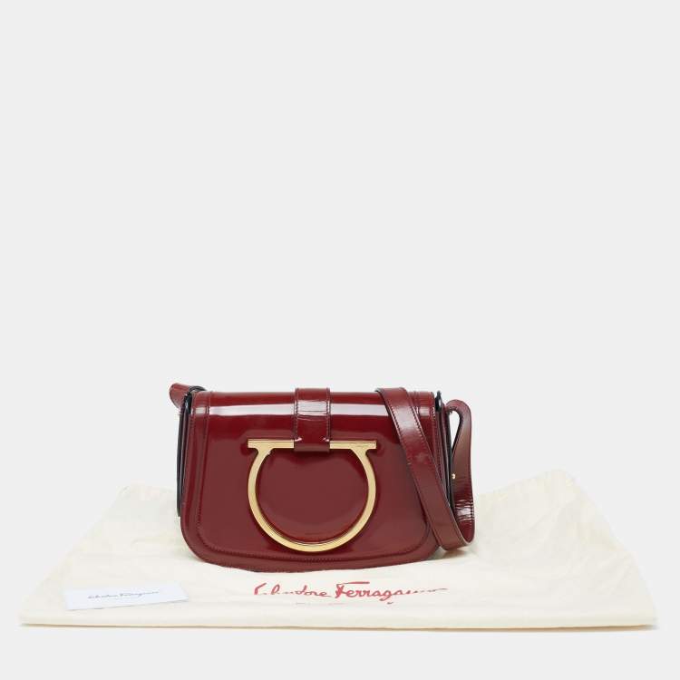 Pre Owned Salvatore Ferragamo Burgundy Patent Leather Gancini Flap Shoulder Bag 