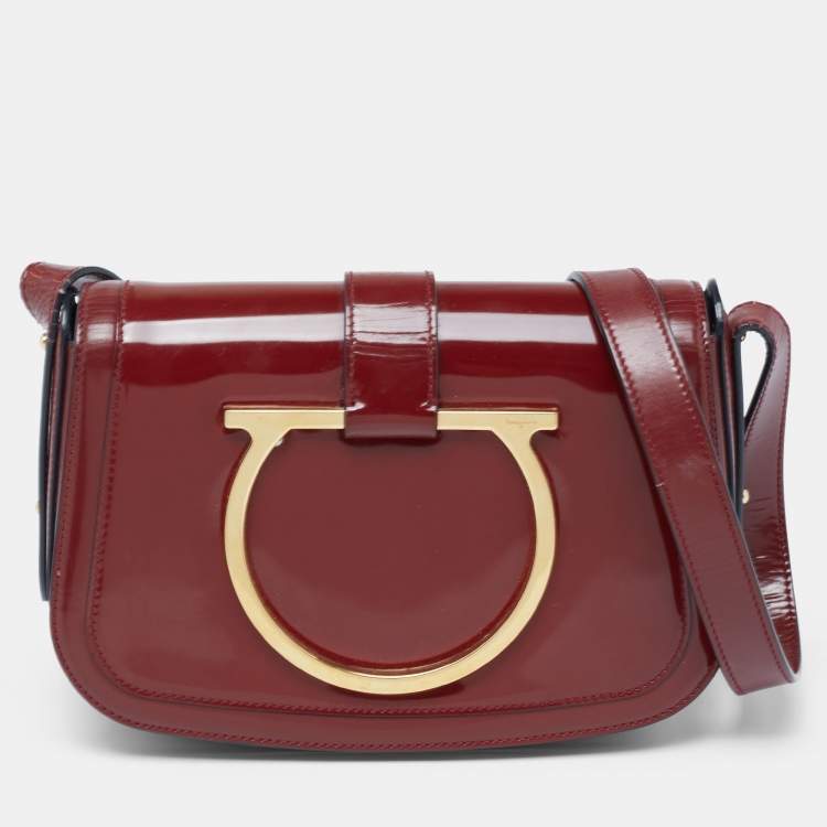 Pre Owned Salvatore Ferragamo Burgundy Patent Leather Gancini Flap Shoulder Bag 