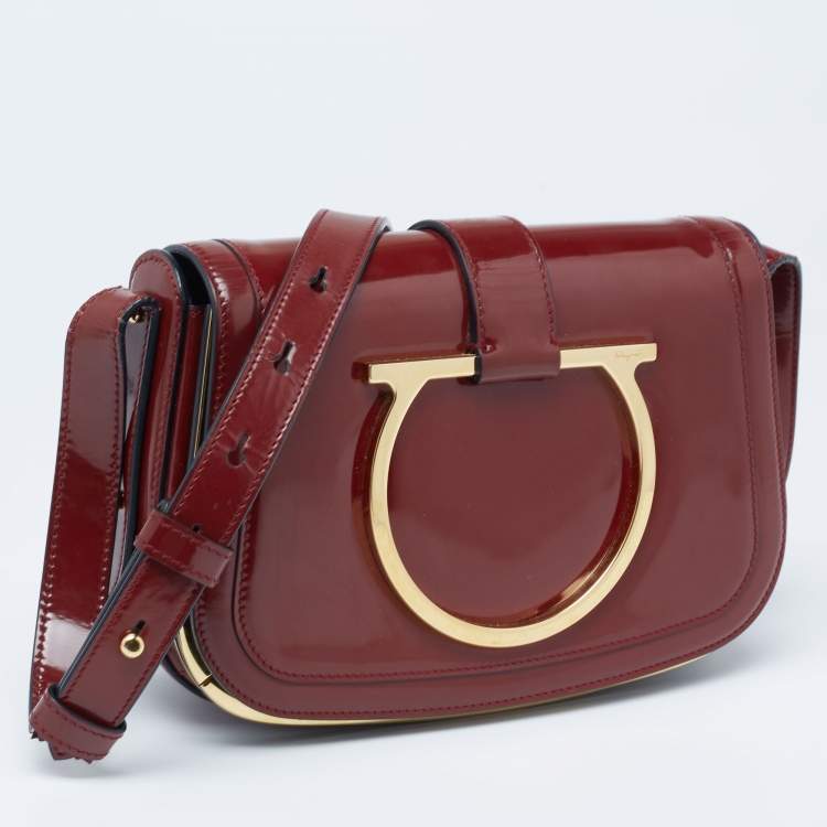 Pre Owned Salvatore Ferragamo Burgundy Patent Leather Gancini Flap Shoulder Bag 