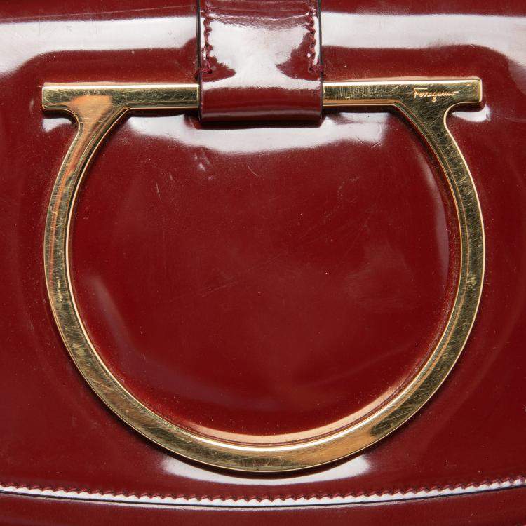 Pre Owned Salvatore Ferragamo Burgundy Patent Leather Gancini Flap Shoulder Bag 