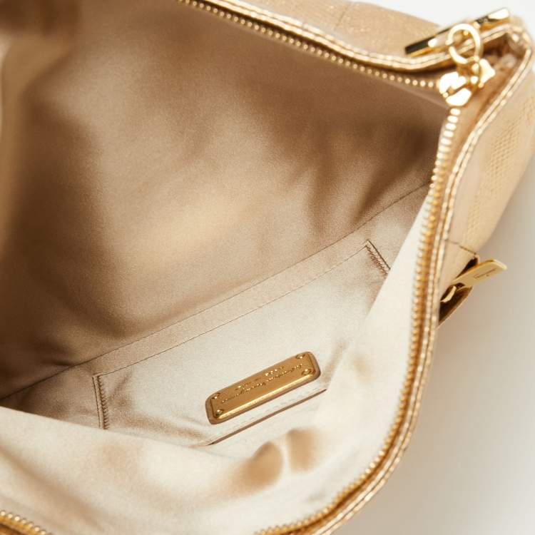 Pre Owned Salvatore Ferragamo Metallic Gold Karung Leather Fold Over Clutch