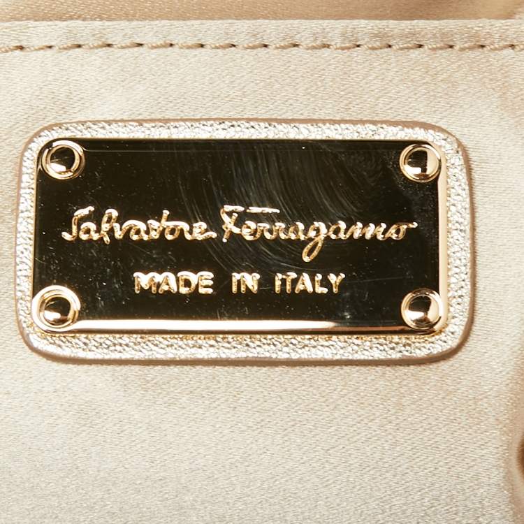 Pre Owned Salvatore Ferragamo Metallic Gold Karung Leather Fold Over Clutch