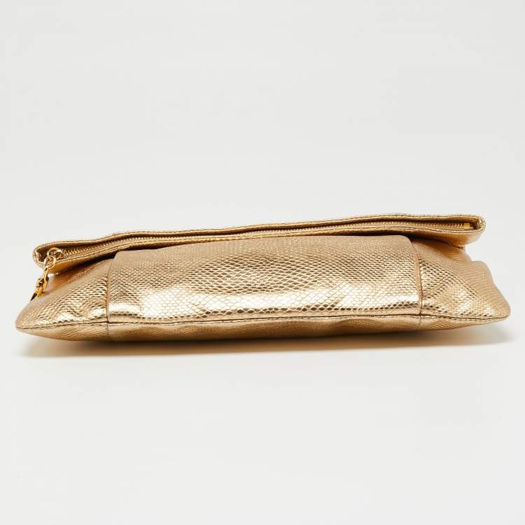 Pre Owned Salvatore Ferragamo Metallic Gold Karung Leather Fold Over Clutch