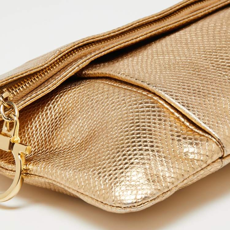 Pre Owned Salvatore Ferragamo Metallic Gold Karung Leather Fold Over Clutch