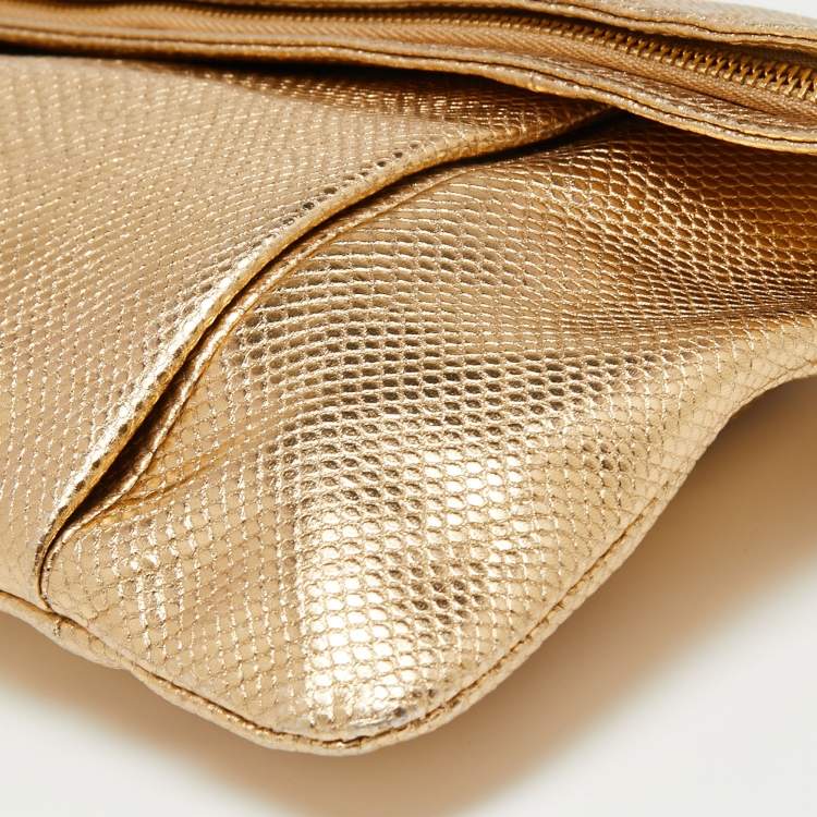 Pre Owned Salvatore Ferragamo Metallic Gold Karung Leather Fold Over Clutch