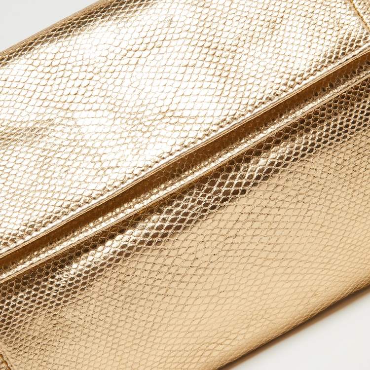Pre Owned Salvatore Ferragamo Metallic Gold Karung Leather Fold Over Clutch