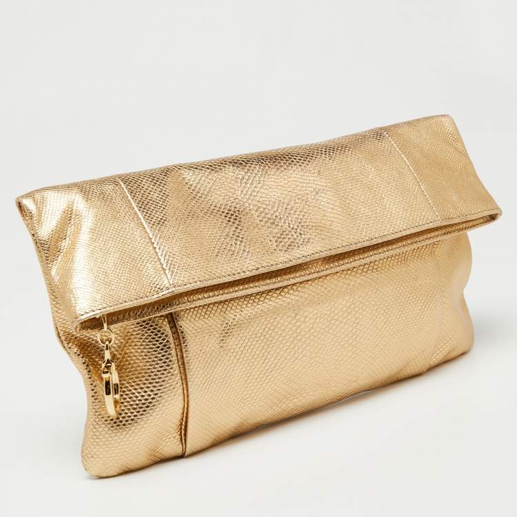 Pre Owned Salvatore Ferragamo Metallic Gold Karung Leather Fold Over Clutch