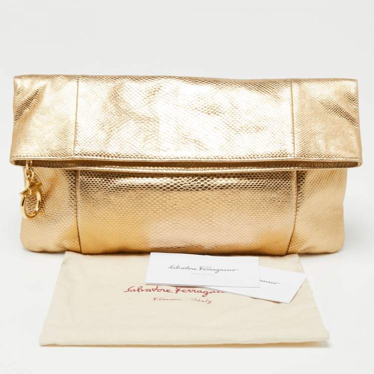 Pre Owned Salvatore Ferragamo Metallic Gold Karung Leather Fold Over Clutch