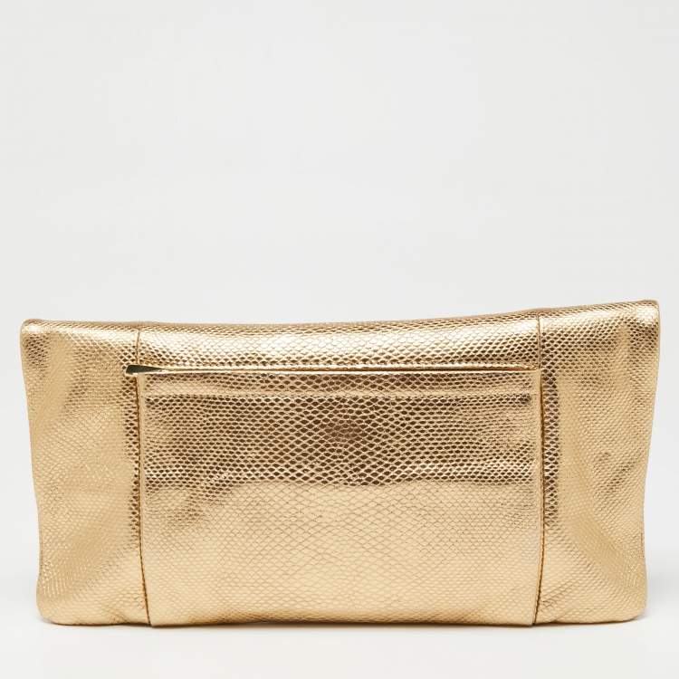 Pre Owned Salvatore Ferragamo Metallic Gold Karung Leather Fold Over Clutch