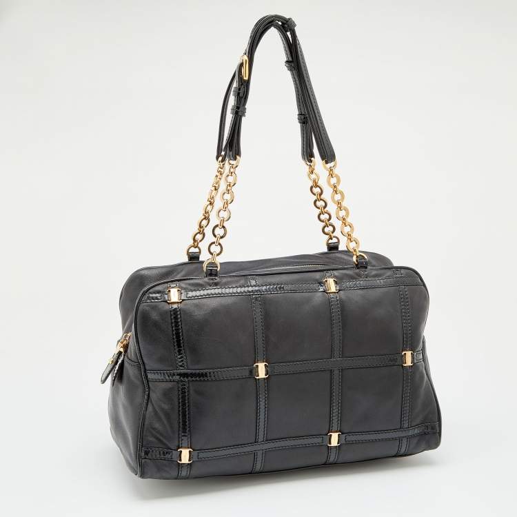 Pre Owned Salvatore Ferragamo Black Patent And Leather Vara Satchel