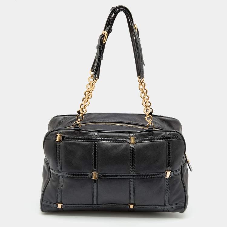 Pre Owned Salvatore Ferragamo Black Patent And Leather Vara Satchel
