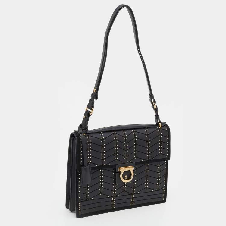 Pre Owned Salvatore Ferragamo Black Leather And Suede Studded Aileen Shoulder Bag