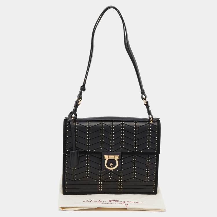 Pre Owned Salvatore Ferragamo Black Leather And Suede Studded Aileen Shoulder Bag