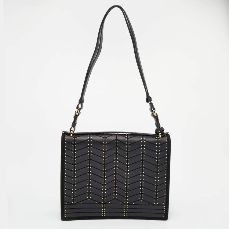 Pre Owned Salvatore Ferragamo Black Leather And Suede Studded Aileen Shoulder Bag