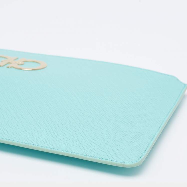 Pre Owned Salvatore Ferragamo Tiffany Green Leather Gancio Wristlet Clutch
