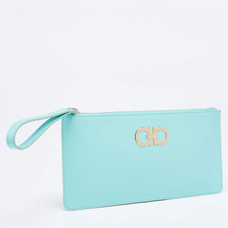 Pre Owned Salvatore Ferragamo Tiffany Green Leather Gancio Wristlet Clutch