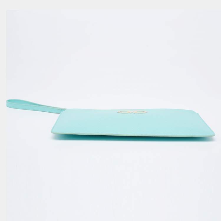 Pre Owned Salvatore Ferragamo Tiffany Green Leather Gancio Wristlet Clutch