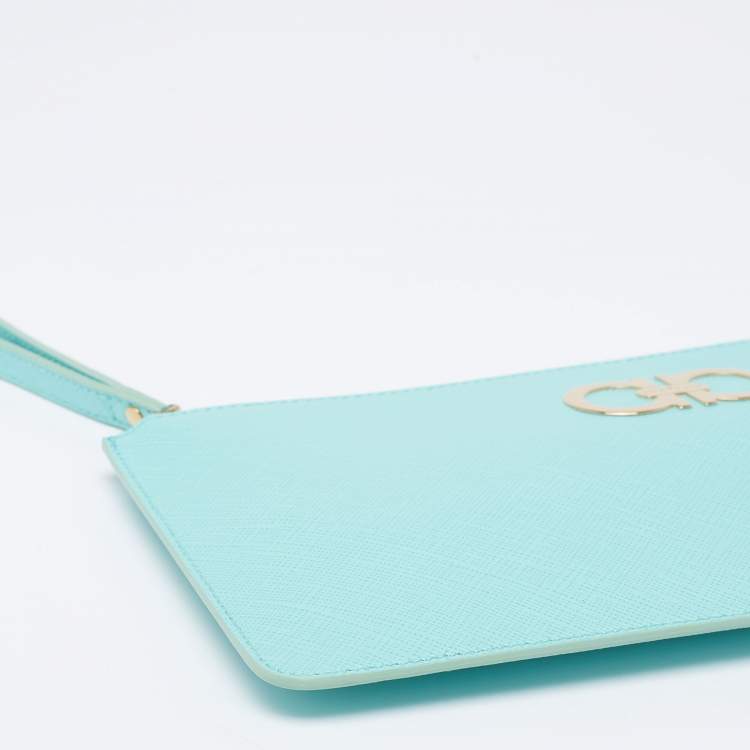 Pre Owned Salvatore Ferragamo Tiffany Green Leather Gancio Wristlet Clutch