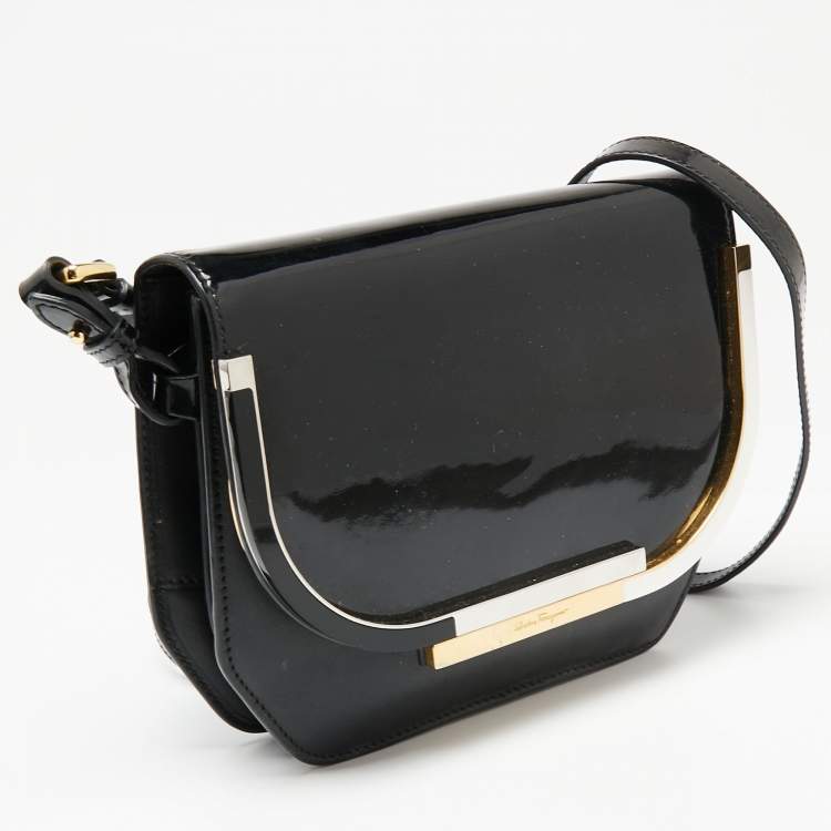 Pre Owned Salvatore Ferragamo Black Patent Leather And Leather Flap Crossbody Bag