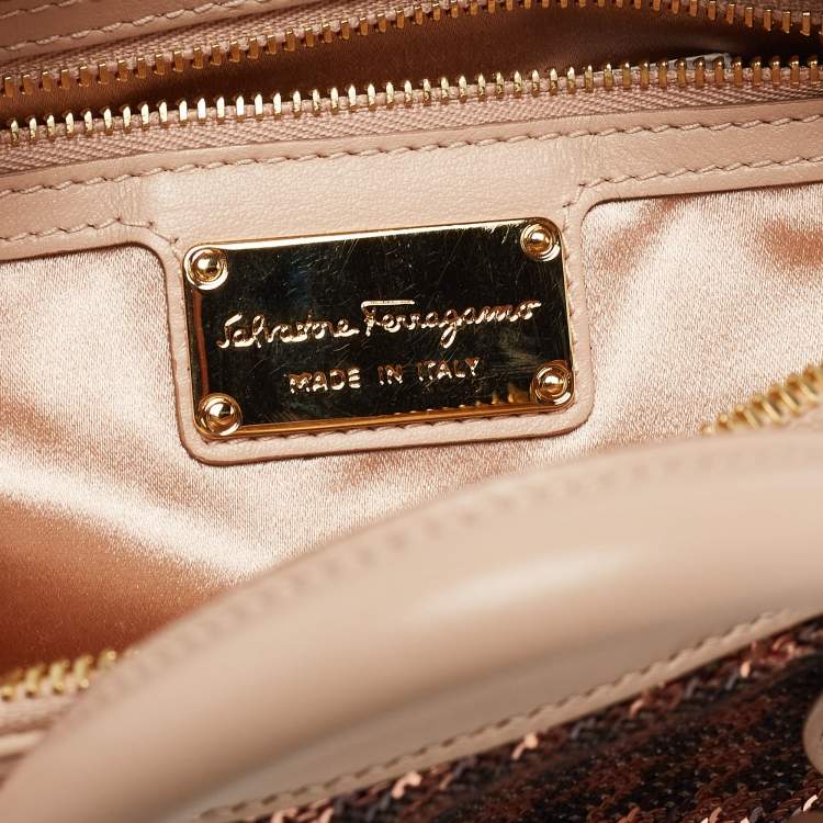 Pre Owned Salvatore Ferragamo Metallic Rose Gold/Pink Sequin and Leather Fiamma Satchel
